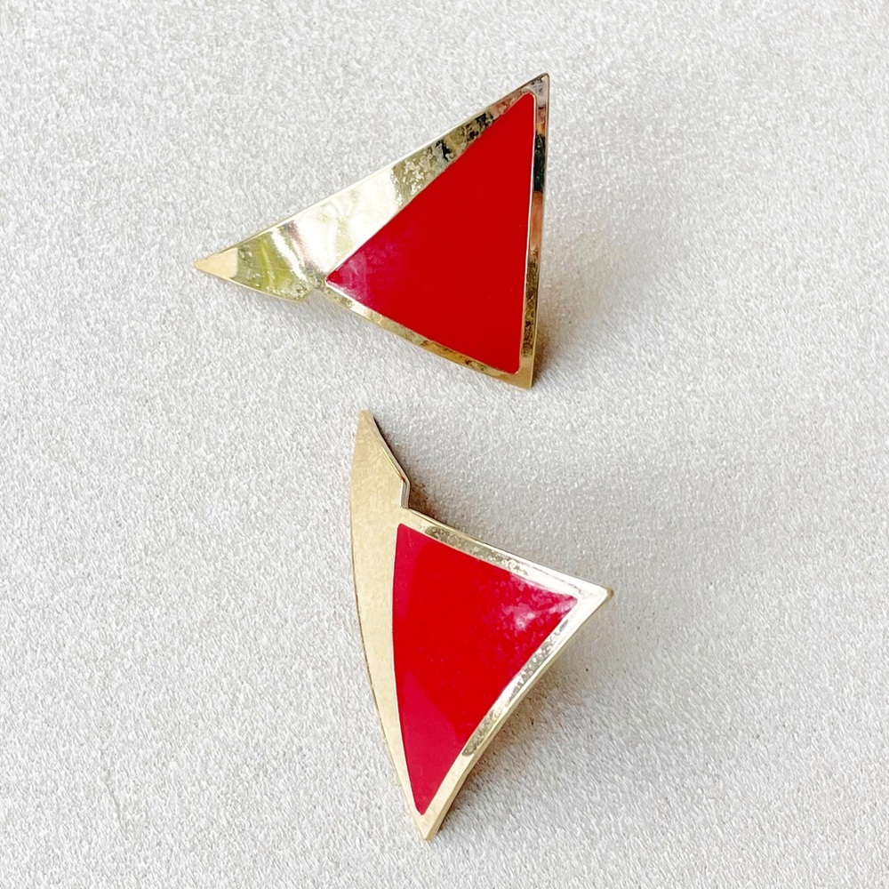 Red and Gold Vintage 1980s Triangular Earrings